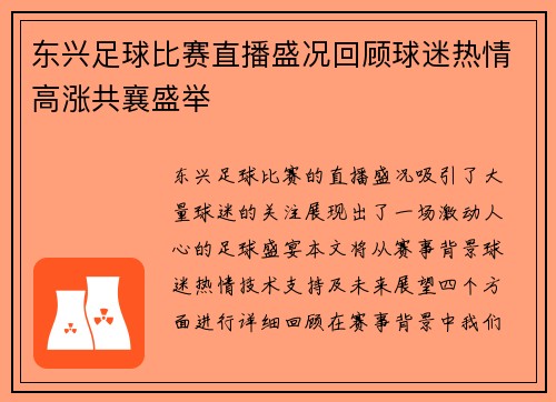东兴足球比赛直播盛况回顾球迷热情高涨共襄盛举