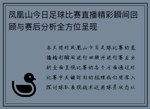 凤凰山今日足球比赛直播精彩瞬间回顾与赛后分析全方位呈现